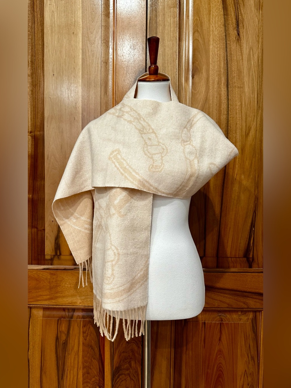 Ralph Lauren Pure Wool, Cream & Camel Fringed Equestrian Belting-Motif Scarf EUC